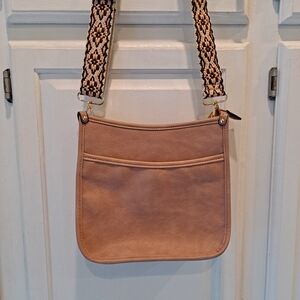 Chic Pink Tan Vegan Crossbody Bag with Guitar Style Patterned Strap Satchel Bag